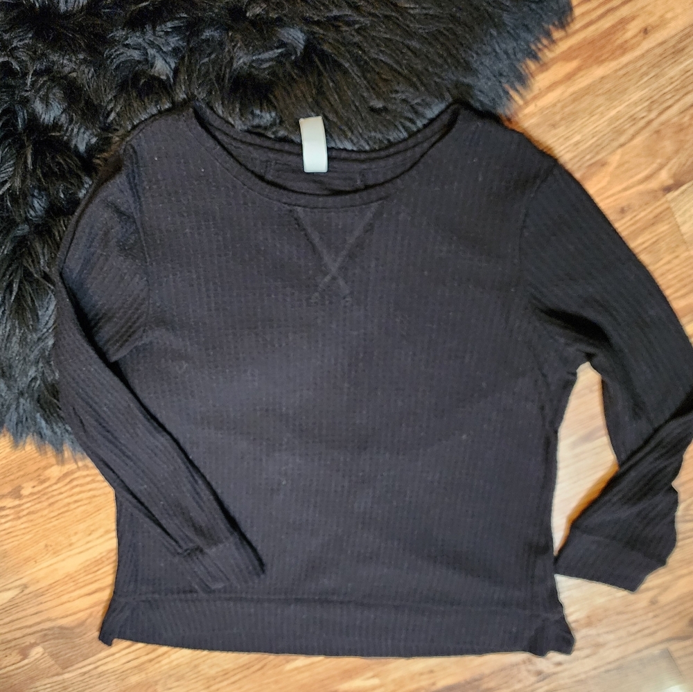 Black Long Sleeve Ribbed Knit Waffle Textured Top Size L